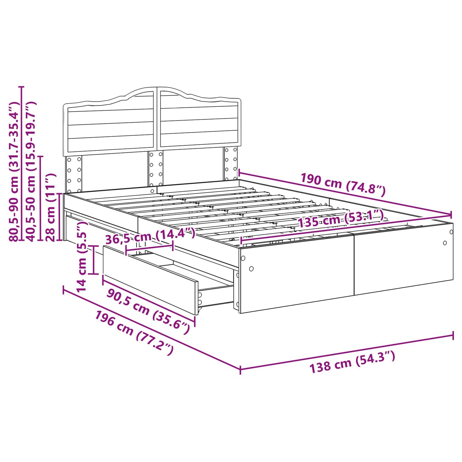 Opslag bed met lade Gerookt eiken 135 x 190 cm Bewerkt hout