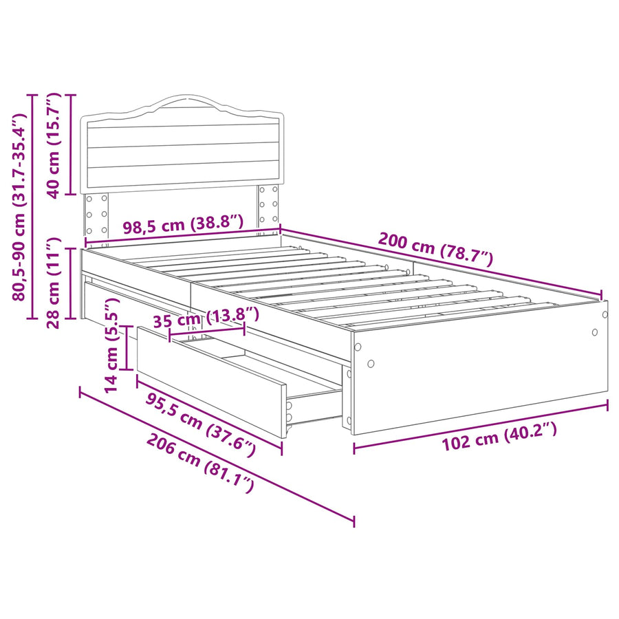 Opslag bed met lade Grijs Sonoma 100 x 200 cm Bewerkt hout