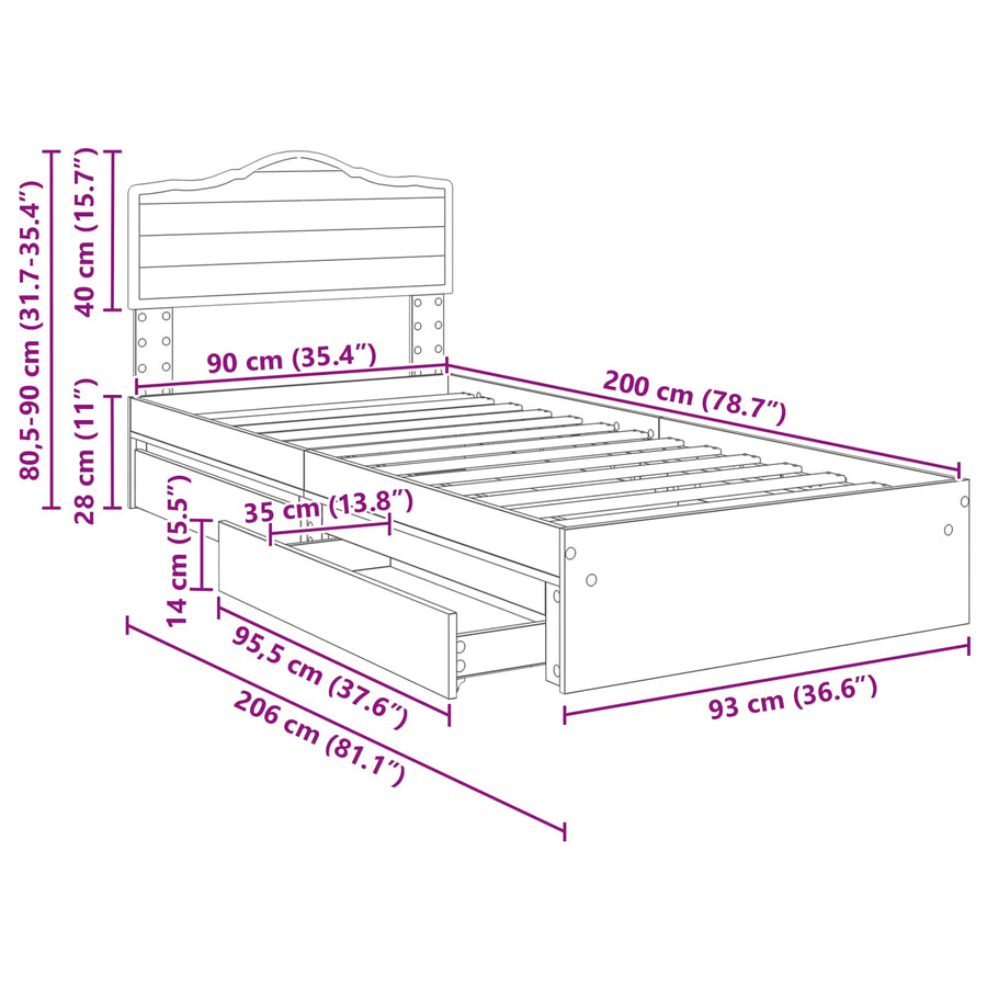 Opslag bed met hoofdeinde Sonoma Eiken 90 x 200 cm Bewerkt hout