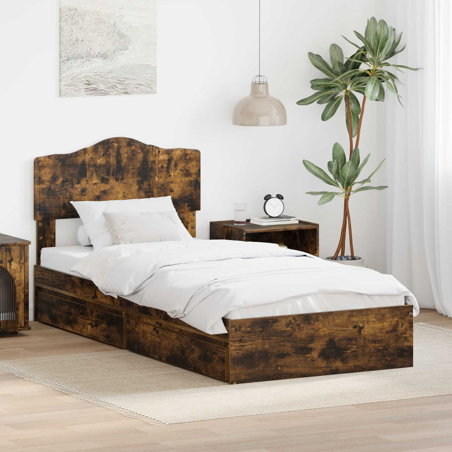 Opslag bed met lade Gerookt eiken 90 x 200 cm Bewerkt hout