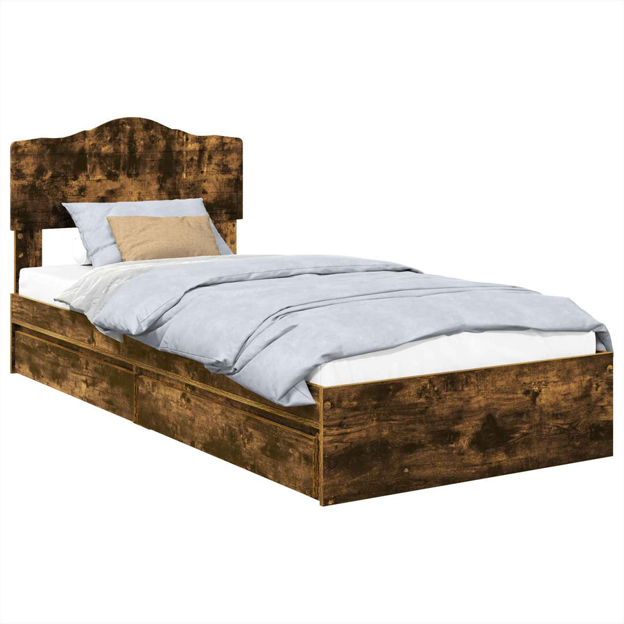 Opslag bed met lade Gerookt eiken 90 x 200 cm Bewerkt hout