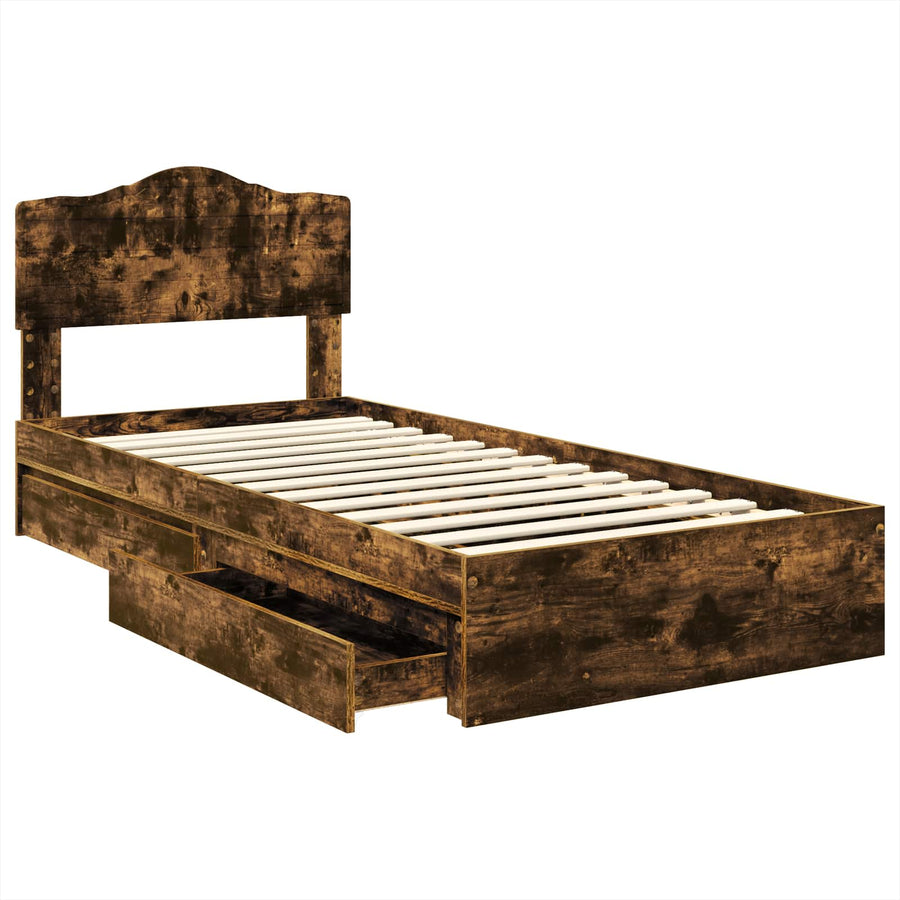Opslag bed met lade Gerookt eiken 90 x 200 cm Bewerkt hout
