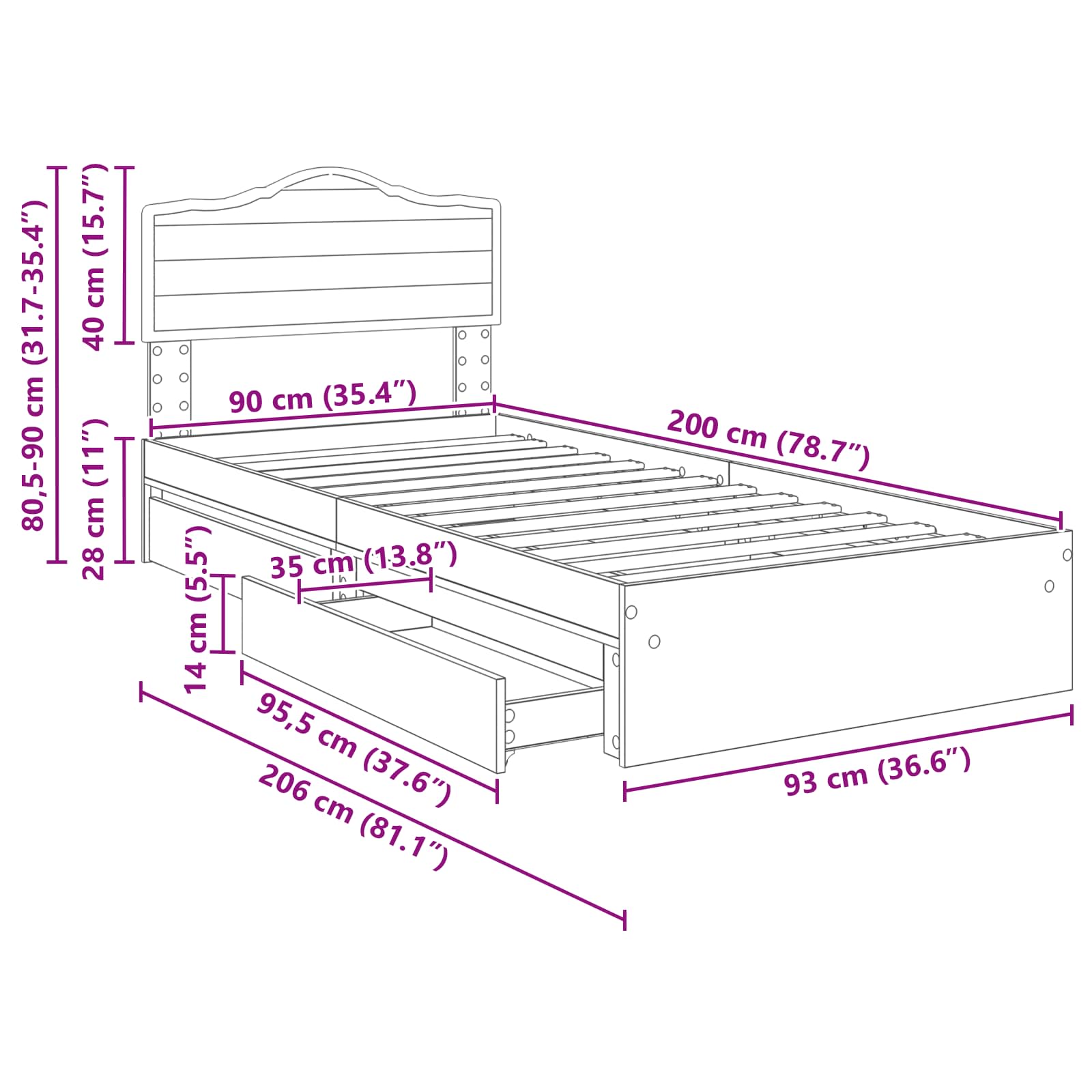 Opslag bed met lade Gerookt eiken 90 x 200 cm Bewerkt hout