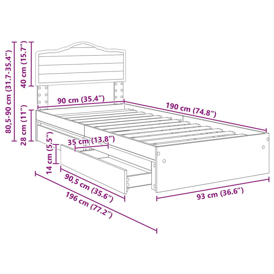 Opslag bed met hoofdeinde Grijs Sonoma 90 x 190 cm Bewerkt hout