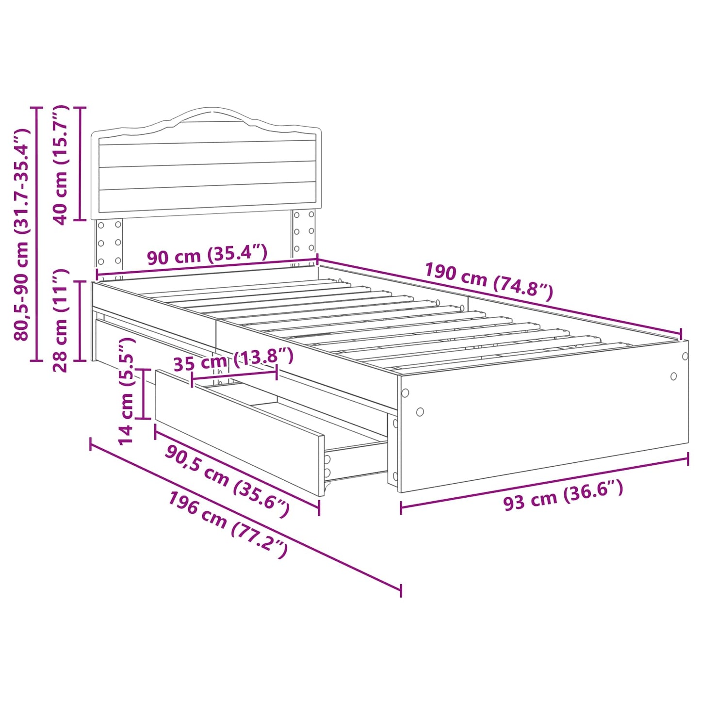 Opslag bed met hoofdeinde Bruin Eiken 90 x 190 cm Bewerkt hout
