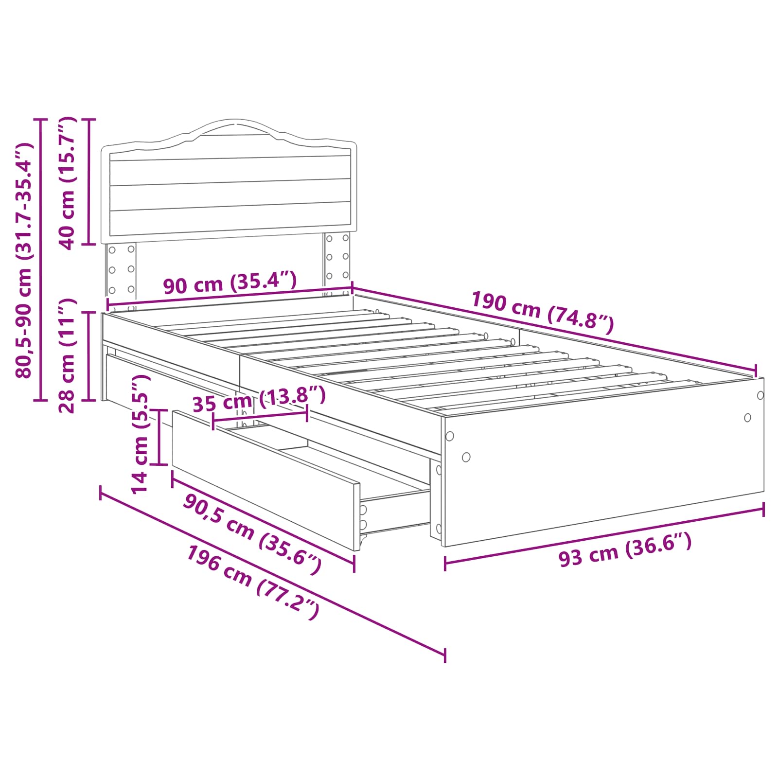 Opslag bed met hoofdeinde Bruin Eiken 90 x 190 cm Bewerkt hout