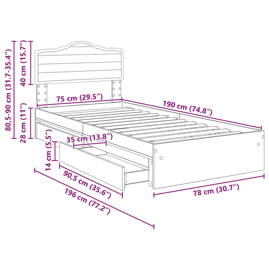 Opslag bed met hoofdeinde Zwart 75 x 190 cm Bewerkt hout