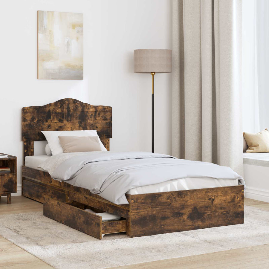 Opslag bed met lade Gerookt eiken 75 x 190 cm Bewerkt hout