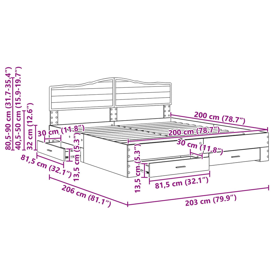 Bedframe met hoofdeinde Gerookt eiken 200 x 200 cm Bewerkt hout