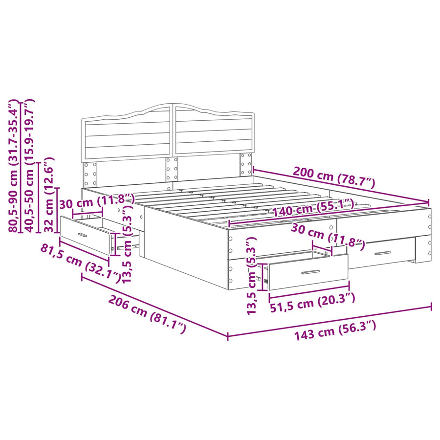 Bedframe met hoofdeinde Beton Grijs 140 x 200 cm Bewerkt hout