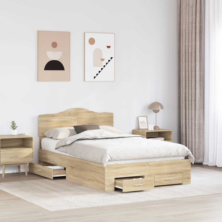 Bedframe met hoofdeinde Sonoma Eiken 135 x 190 cm Bewerkt hout