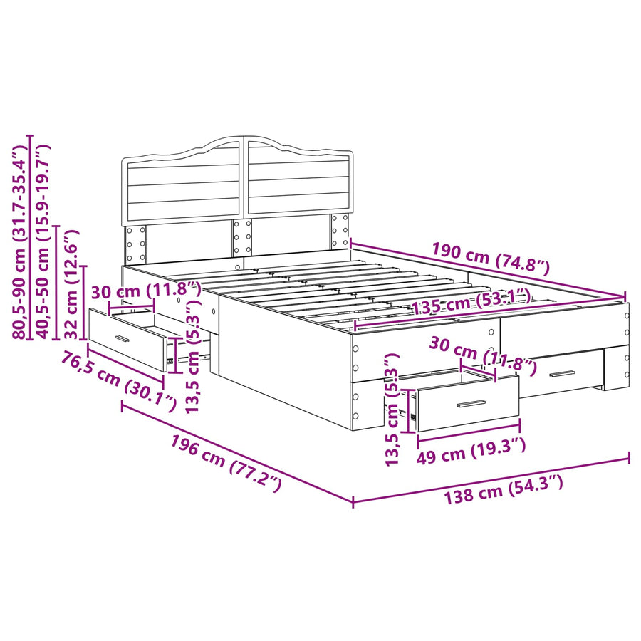Bedframe met hoofdeinde Sonoma Eiken 135 x 190 cm Bewerkt hout