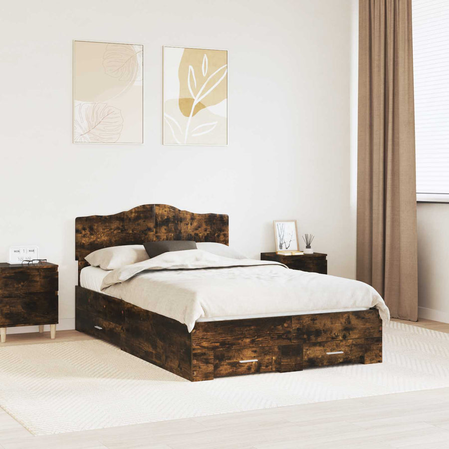Bedframe met hoofdeinde Gerookt eiken 135 x 190 cm Bewerkt hout
