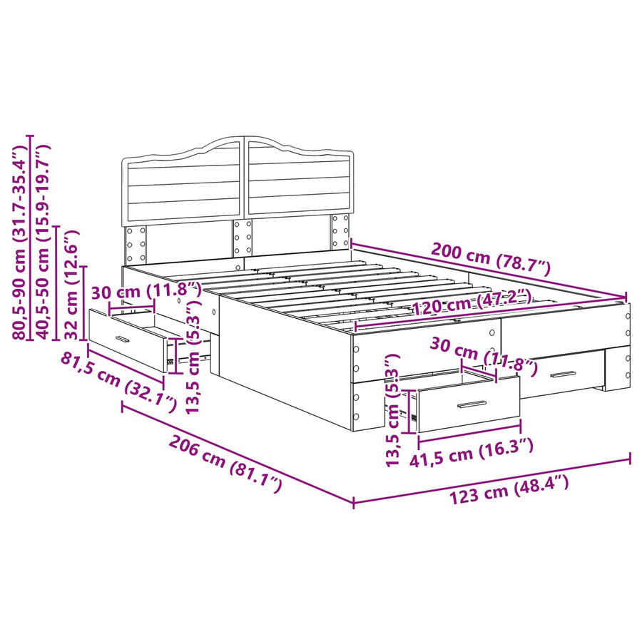 Bedframe met hoofdeinde Sonoma Eiken 120 x 200 cm Bewerkt hout