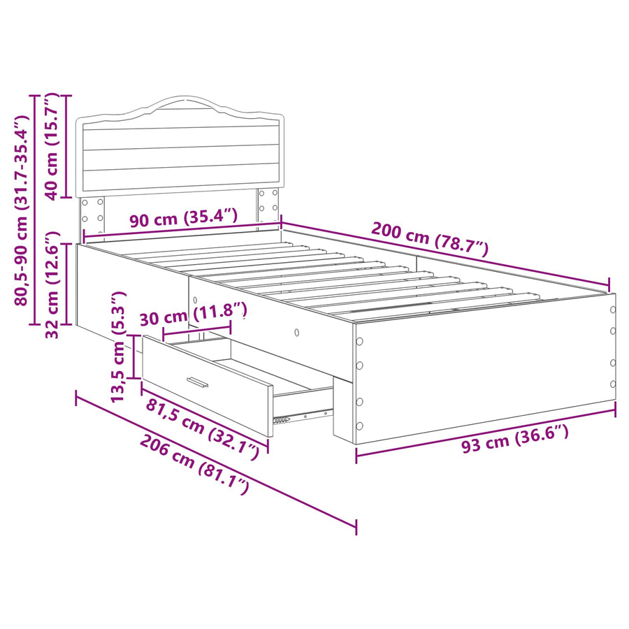 Bedframe met hoofdeinde Artisan Eiken 90 x 200 cm Bewerkt hout