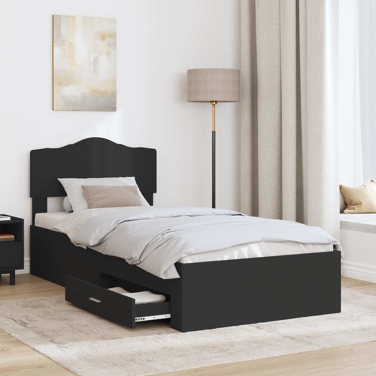 Bedframe met hoofdeinde met lade Zwart 75 x 190 cm Bewerkt hout
