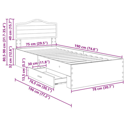 Bedframe met hoofdeinde Bruin Eiken 75 x 190 cm Bewerkt hout