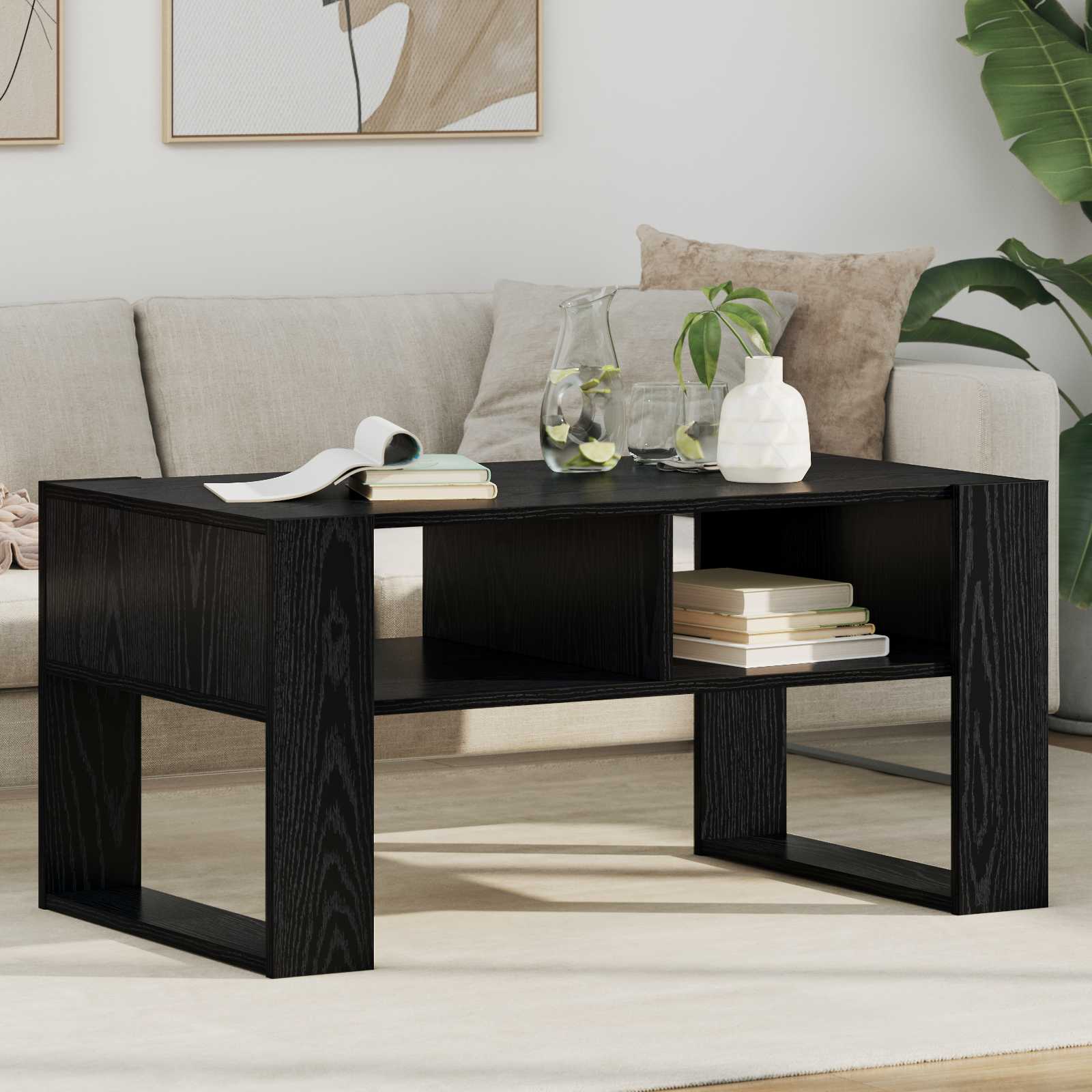 Salontafel met opslag Zwart Eiken 92 x 53 x 45 cm Bewerkt hout