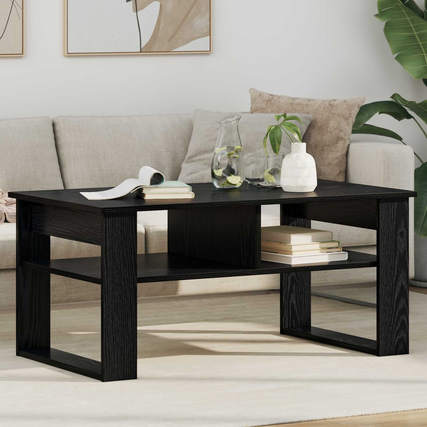 Salontafel met opslag Zwart Eiken 96 x 54 x 44 cm Bewerkt hout