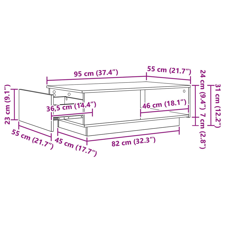Salontafel met lade Gerookt eiken 95 x 55 x 31 cm Bewerkt hout