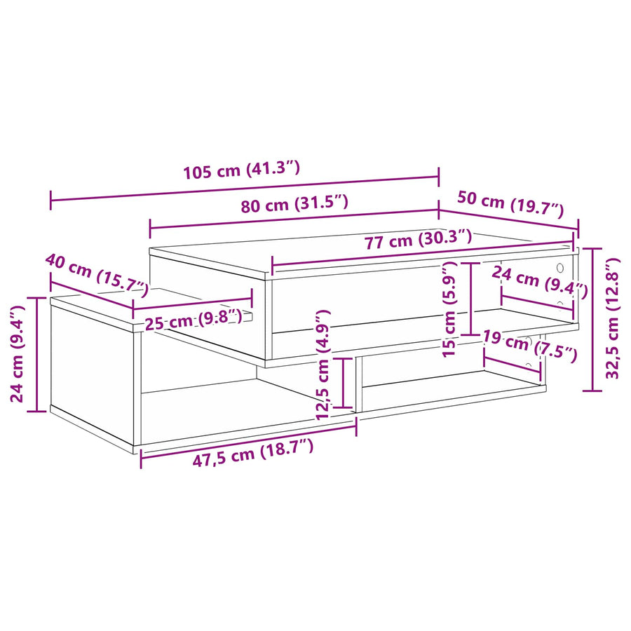 Salontafel Zwart Eiken 105 x 50 x 32,5 cm Bewerkt hout