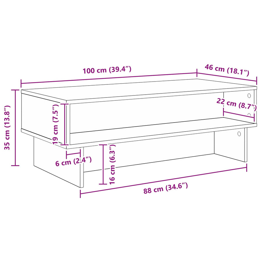 Salontafel Grijs Sonoma 100 x 46 x 35 cm Bewerkt hout