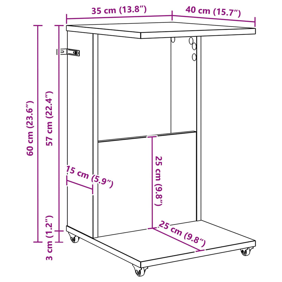 Bijzettafel met wiel Gerookt eiken 40 x 35 x 60 cm Bewerkt hout