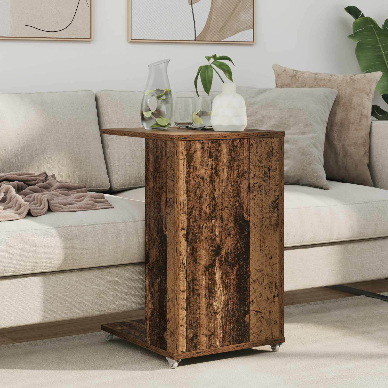 Bijzettafel met wiel Oudhout 40 x 35 x 60 cm Bewerkt hout