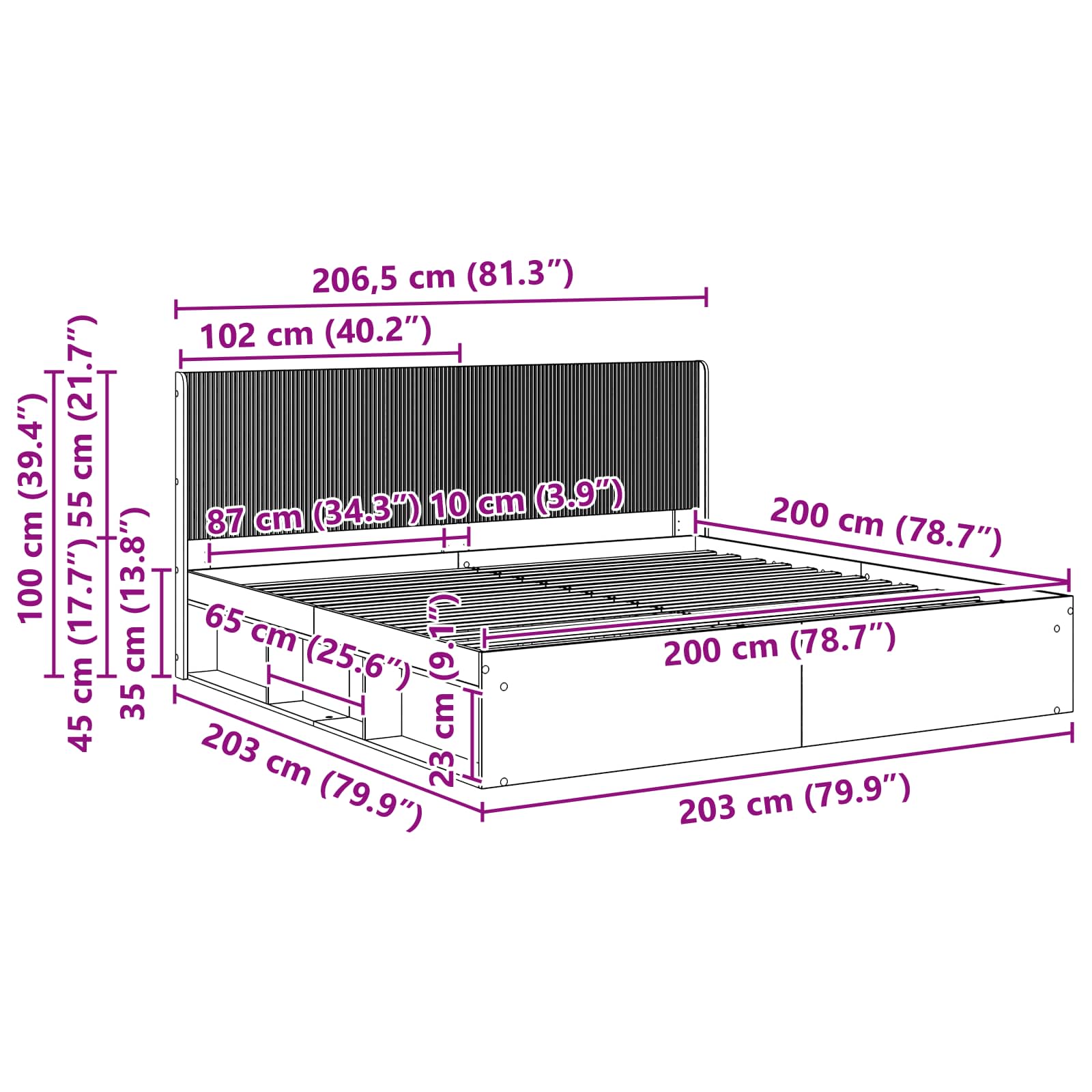 Bedframe met opbergruimte en hoofdbord Gerookt eiken