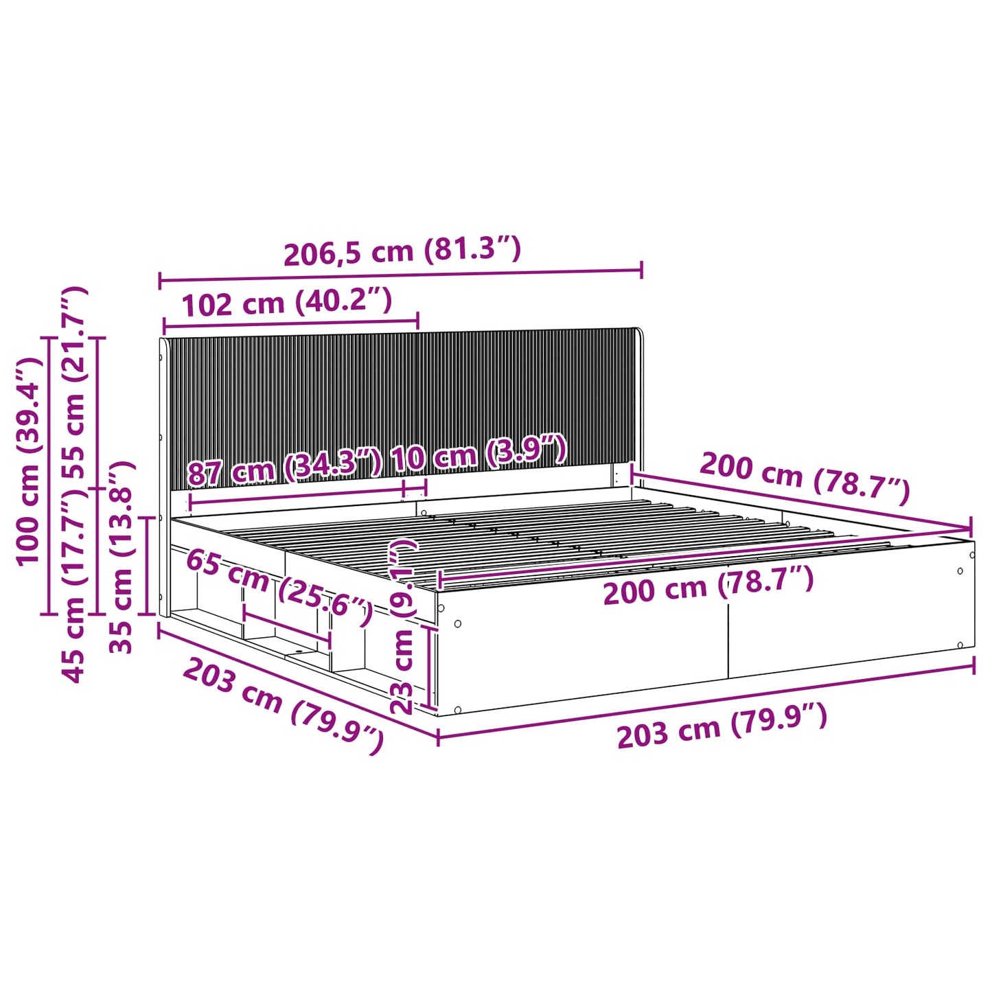 Bedframe met opbergruimte en hoofdbord Grijs Sonoma