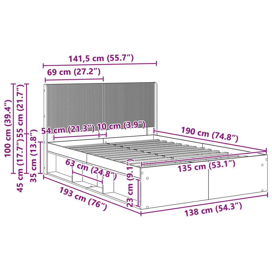 Bedframe met opbergruimte en hoofdbord Grijs sonoma