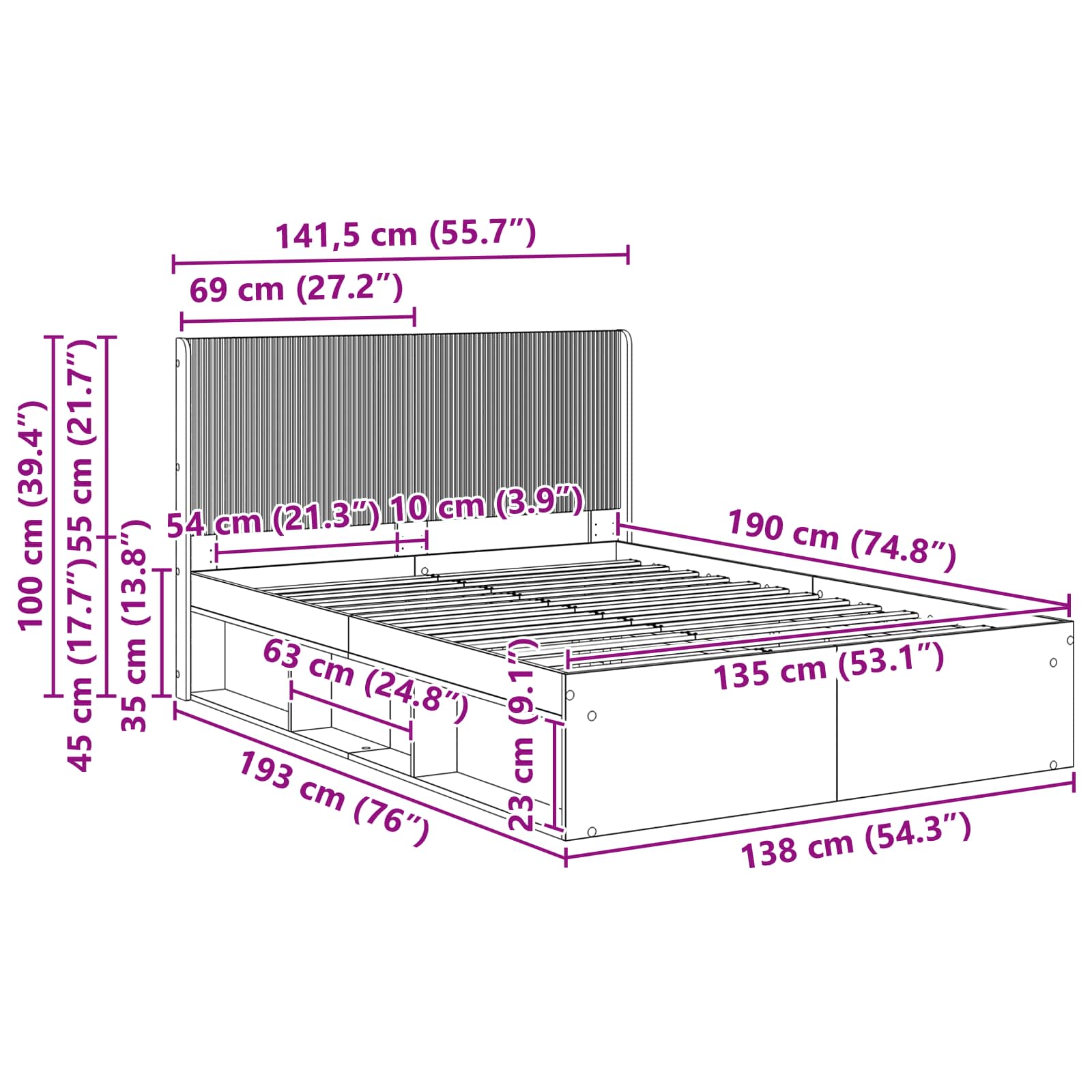 Bedframe met opbergruimte en hoofdbord Oud hout 135 x 190 cm