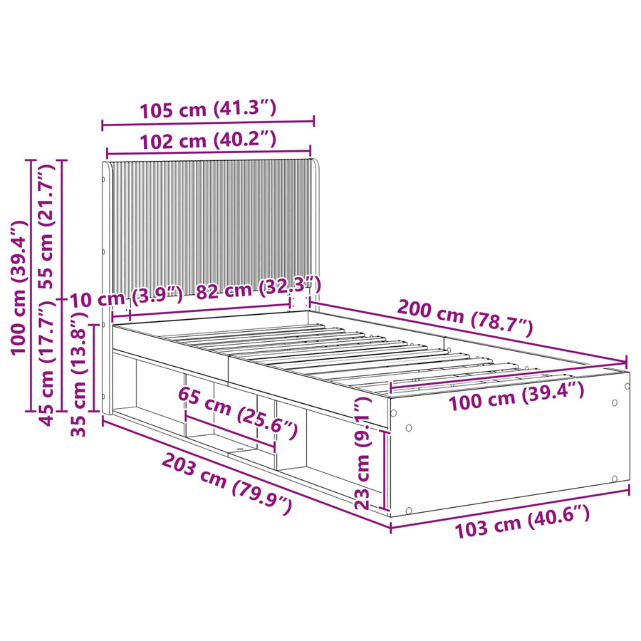 Bedframe met opbergruimte en hoofdbord Betongrijs 100 x 200 cm