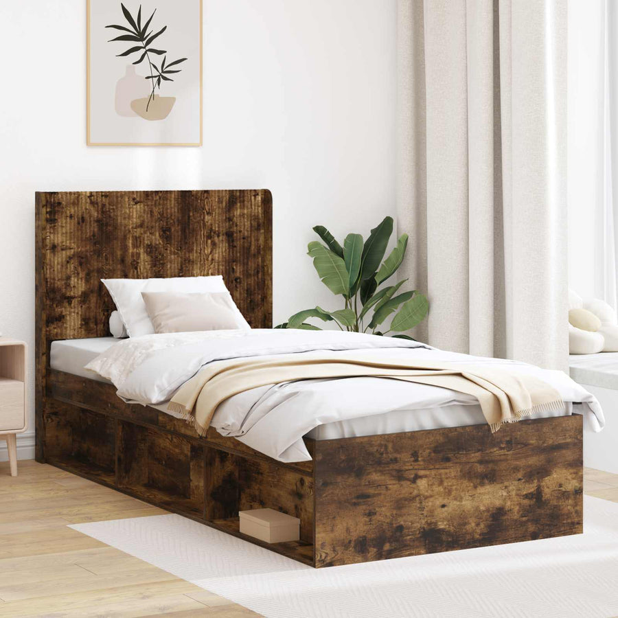 Bedframe met opbergruimte en hoofdbord Gerookt eiken