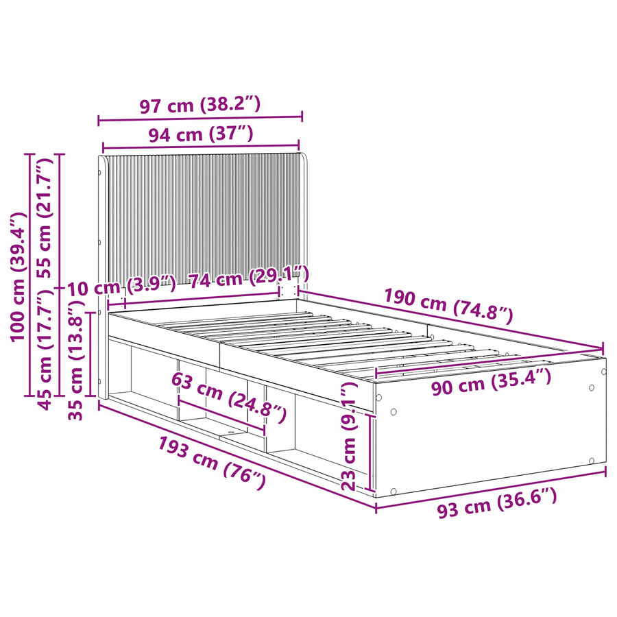 Bedframe met opbergruimte en hoofdbord Gerookt eiken