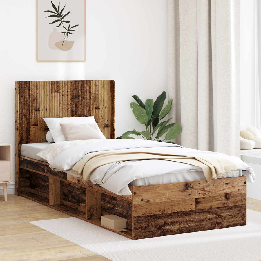 Bedframe met opbergruimte en hoofdbord Oud hout 90 x 190 cm