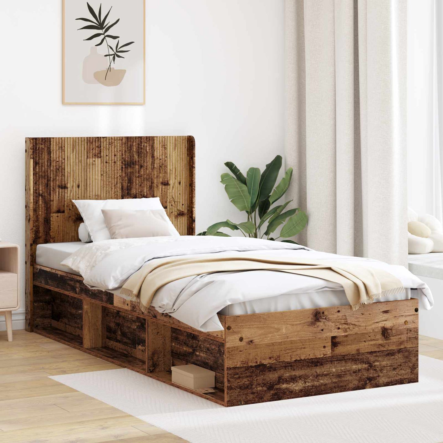 Bedframe met opbergruimte en hoofdbord Oud hout 75 x 190 cm