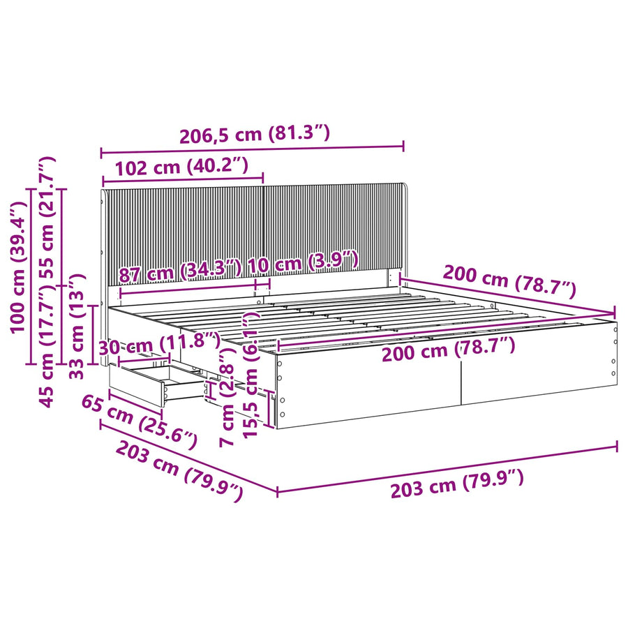 Bedframe met opbergruimte en hoofdbord met lade Sonoma Eiken