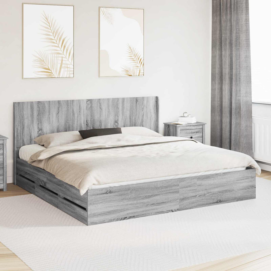 Bedframe met opbergruimte en hoofdbord met lade Grijs sonoma