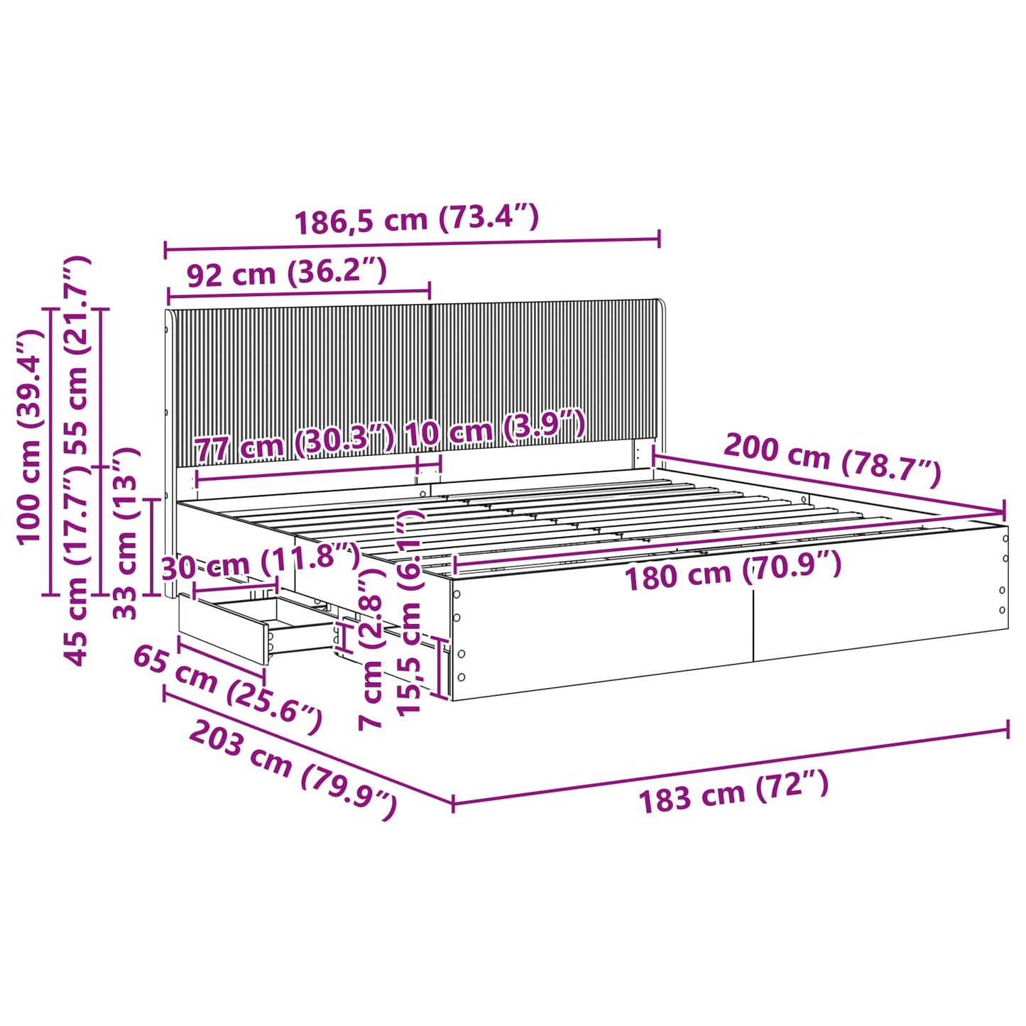 Bedframe met opbergruimte en hoofdbord Zwart 180 x 200 cm