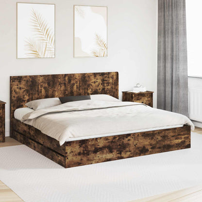 Bedframe met opbergruimte en hoofdbord met lade Gerookt eiken