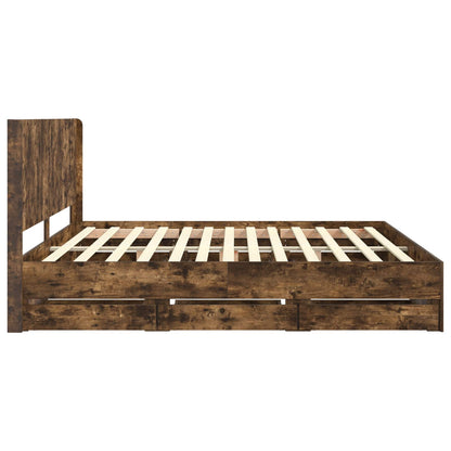 Bedframe met opbergruimte en hoofdbord met lade Gerookt eiken