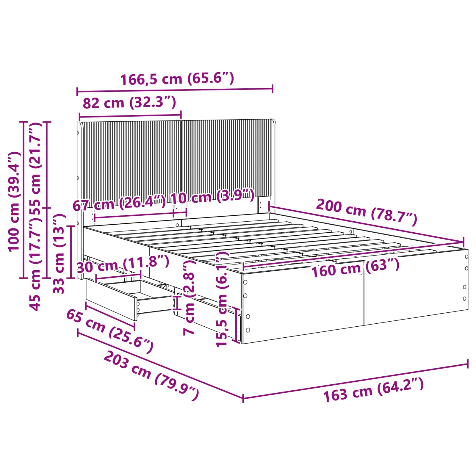 Bedframe met opbergruimte en hoofdbord Wit 160 x 200 cm