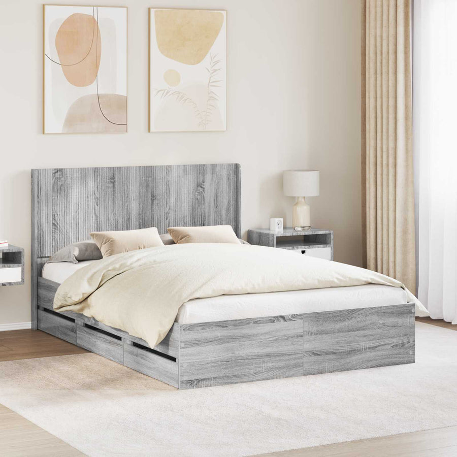 Bedframe met opbergruimte en hoofdbord met lade Grijs sonoma