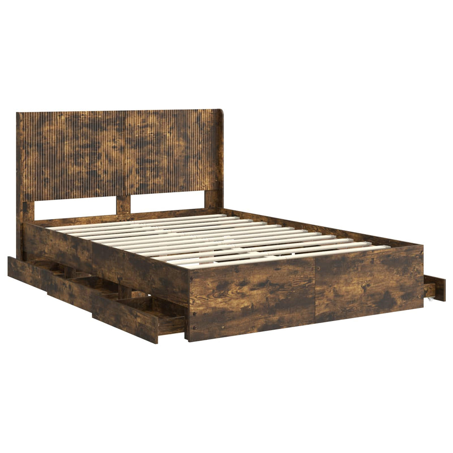Bedframe met opbergruimte en hoofdbord met lade Gerookt eiken