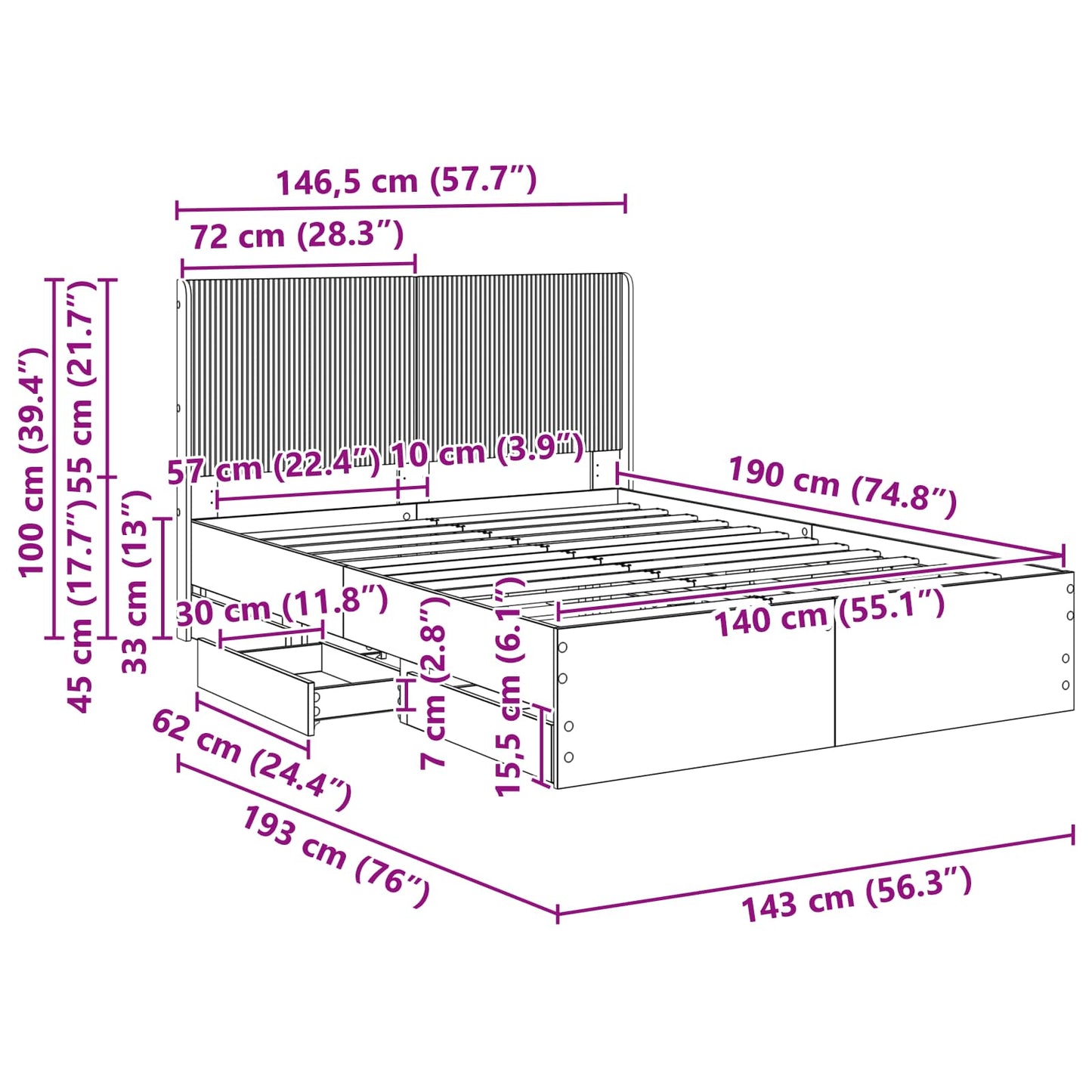 Bedframe met opbergruimte en hoofdbord met lade Gerookt eiken