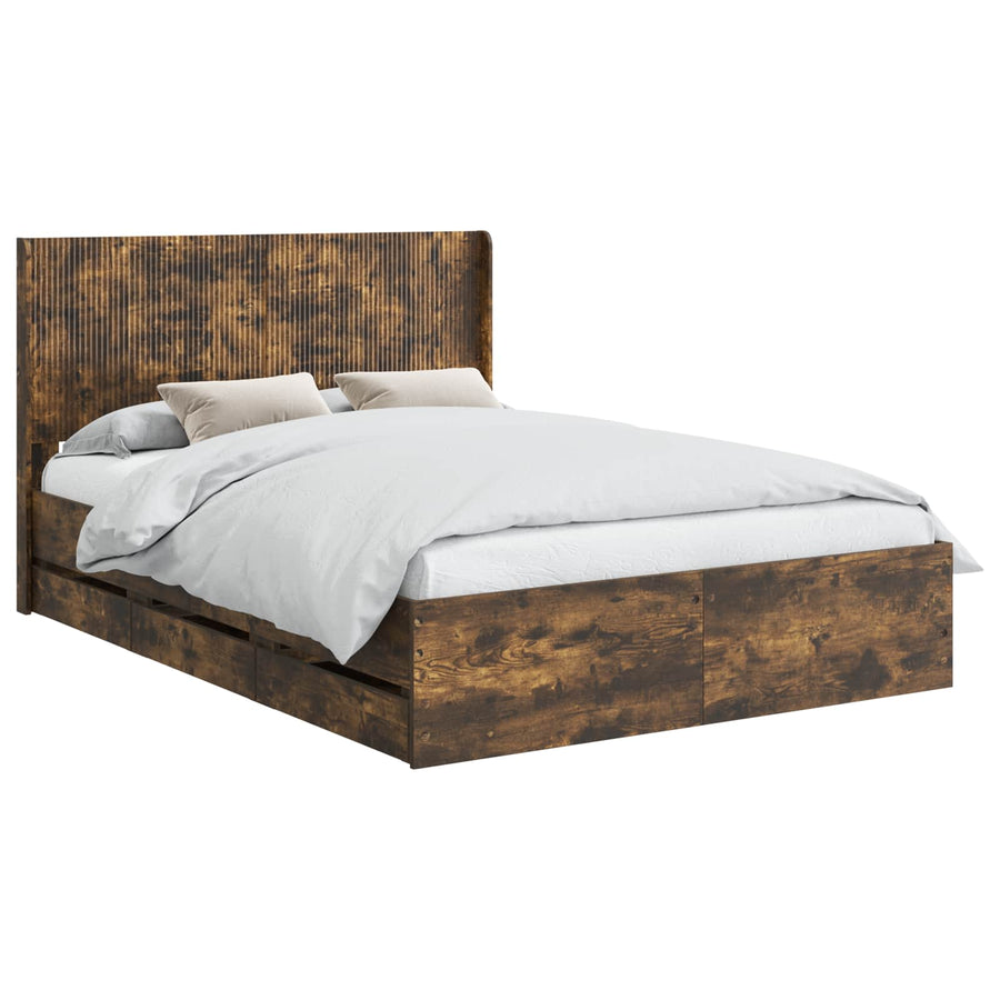 Bedframe met opbergruimte en hoofdbord met lade Gerookt eiken
