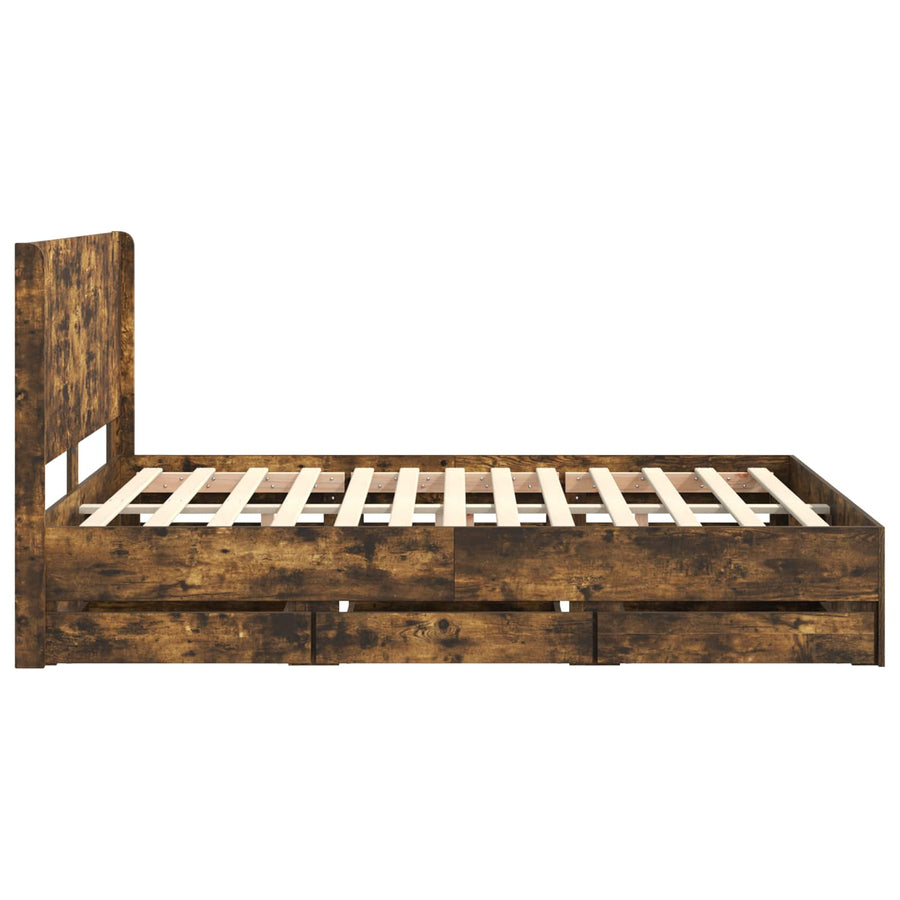 Bedframe met opbergruimte en hoofdbord met lade Gerookt eiken