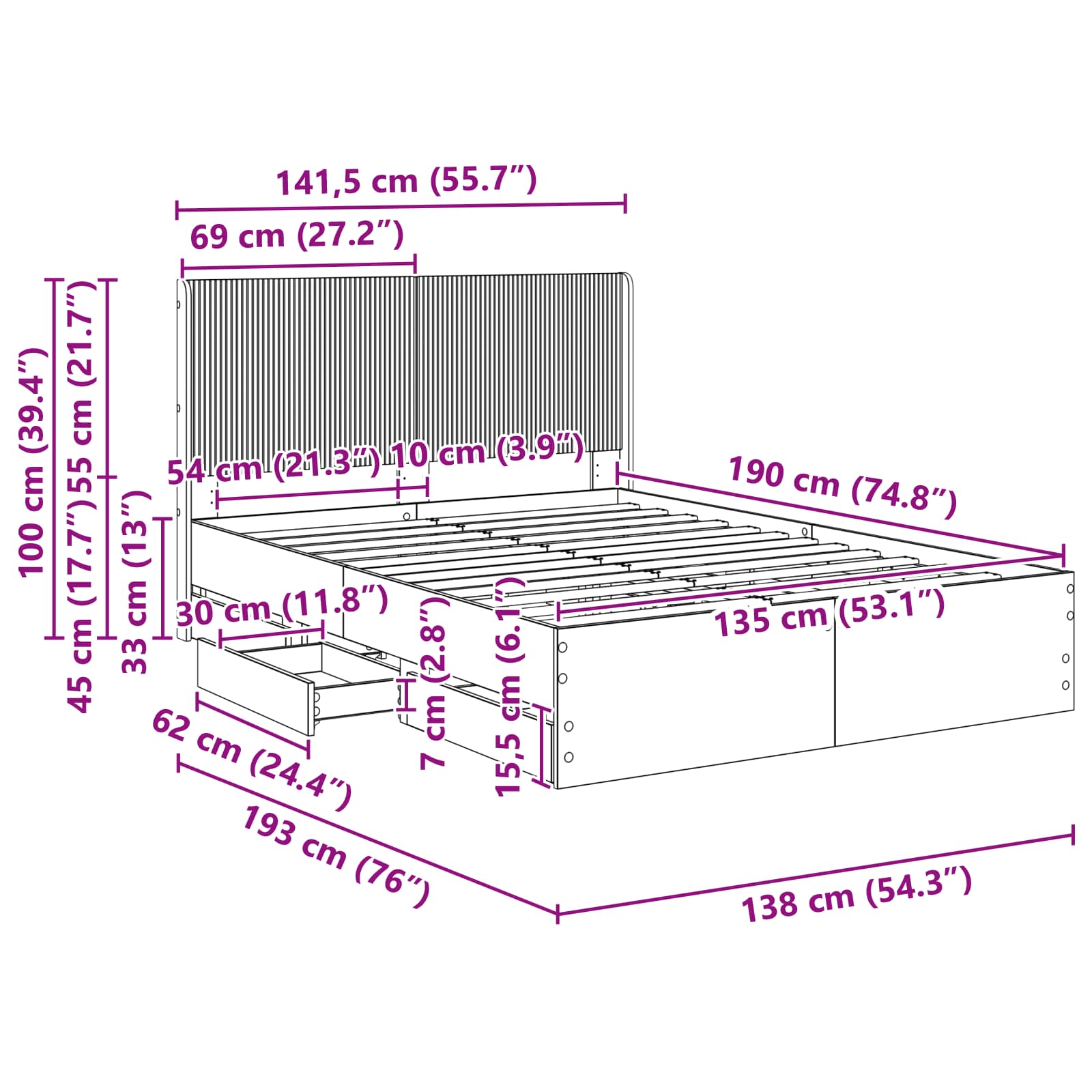 Bedframe met opbergruimte en hoofdbord met lade Gerookt eiken