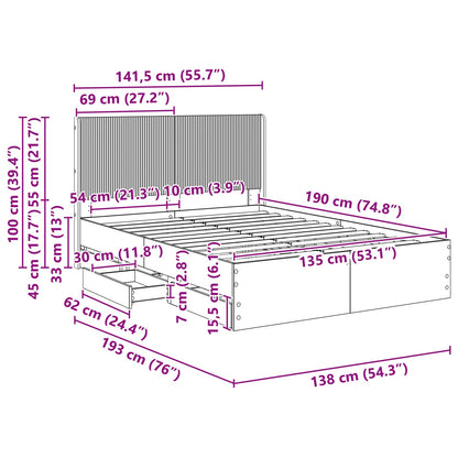 Bedframe met opbergruimte en hoofdbord met lade Gerookt eiken
